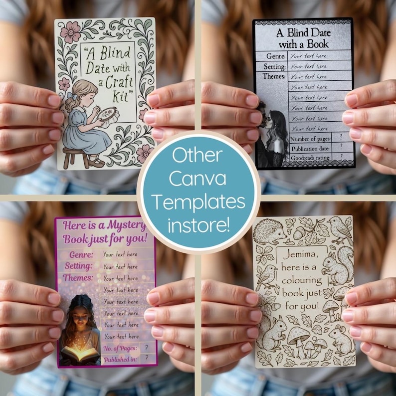 many different canva templates available instore at Heartfelt Digital Designs for printable DIY blind date with a book, coloring book and craft kit, for adults, children, boys, girls, women and men and teens