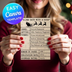 May include: A rectangular card titled BLIND DATE WITH A BOOK featuring a black silhouette of Santa in a sleigh pulled by reindeer. The card lists details including Genre: Period Romance, Setting: 18th Century England, Themes, 398 pages, 2001, and 4.5/5 rating.