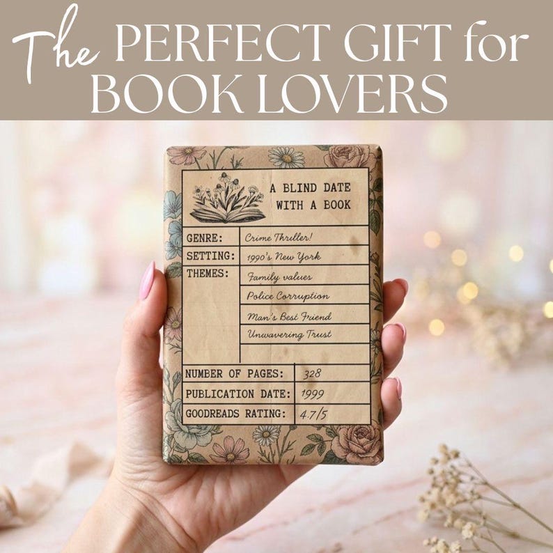 hand holding a perfect gift for book lovers and people who love to read: a printable Blind date with a book gift tag with editable text fields