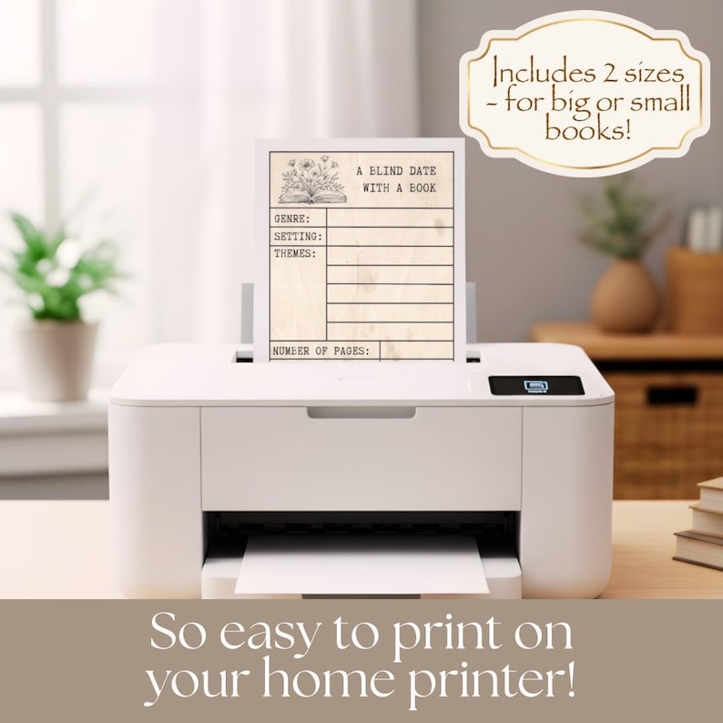 Canva template of a blind date with a book printable vintage style floral label, shown on a home printer, comes in both U.S. Letter and A4 paper sizes