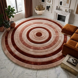 Hand Tufted Wool Area Rug Round Carpet Beige And Rust Geometric Circle Pattern Luxury Living Room Rug Custom Size Modern Home Decor