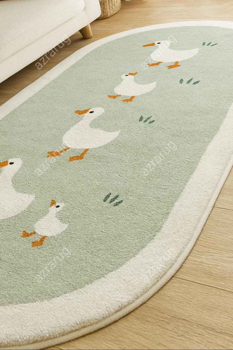 Pink Duck Rug Gentle Walk Duck Family Rug – Soft Pastel Oval Carpet for Cozy Living ...