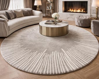 Hand Tufted Wool Area Rug – Soft Round Beige Neutral Rug, Modern Sunburst Design Carpet, plus Living Room Home Decor, Custom Size Rugs