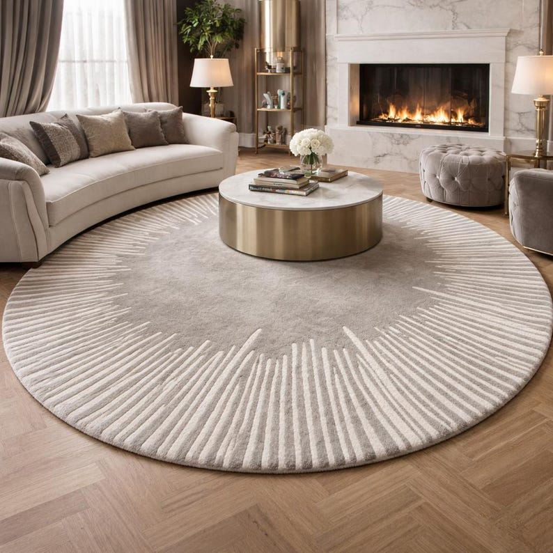 May include: A large circular area rug featuring a solid light gray center surrounded by a wide border of radiating white and gray linear patterns that extend outward toward the edge, creating a textured visual effect on the floor surface.