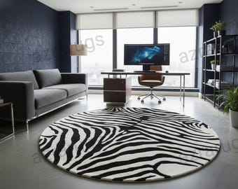 Round Zebra Print Rug – Black White Animal Pattern Carpet – Modern Hand Tufted Rugs,