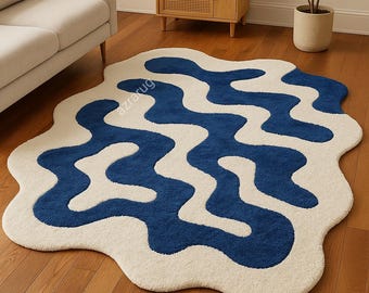 Wave Flow Hand-Tufted Rug – Modern Abstract Blue & Ivory Curvy Pattern Carpet for Living Room