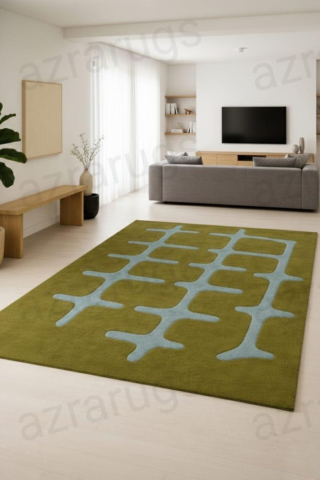 Olive Green Abstract Hand Tufted Rug – Modern Organic Shape Wool Rug ...