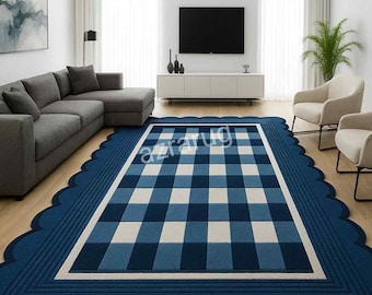 Blue Checkered Wool Rug | Hand-Tufted Scalloped Carpet