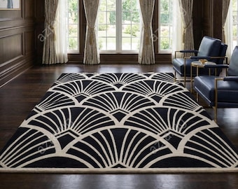 Hand Tufted Wool Area Rugs Art Deco Black Ivory , Modern Geometric Area Rug, Home Decor