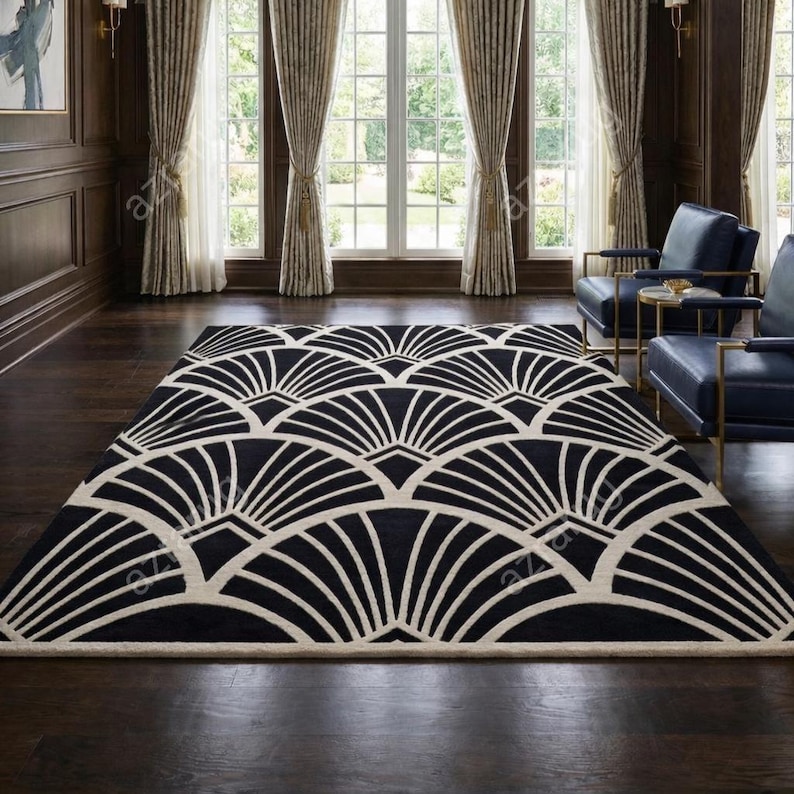 Hand Tufted Wool Area Rugs Art Deco Black Ivory , Modern Geometric Area ...