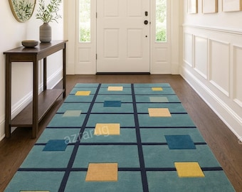 Modern Geometric Hallway Rug • Hand Tufted Entryway Runner • Teal Grid Pattern Carpet