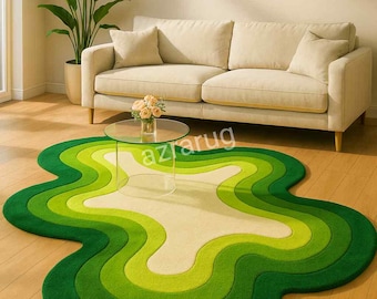 Hand Tufted Wool Rug, Irregular Green Layered Wavy Carpet
