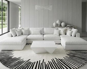 Modern Hand Tufted Wool Round Rug – Black White Minimalist Area Rug, Luxury Soft Carpet for Living Room & Bedroom, Contemporary Home Decor