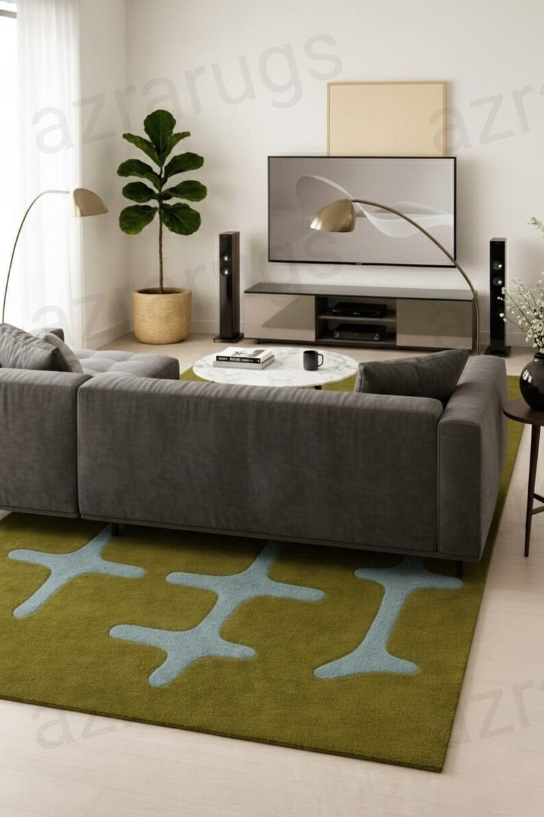 Olive Green Abstract Hand Tufted Rug – Modern Organic Shape Wool Rug ...
