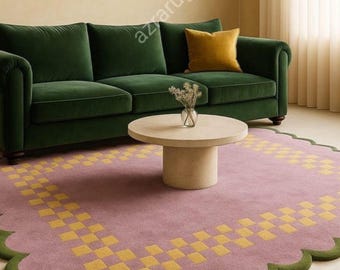 Hand Tufted Wool Area Rugs, Checkerboard Pattern Rug, Pastel Living Room Rug, Custom Size Carpet Home Decor