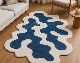 Contemporary Wavy Pattern Rug – Blue & Cream Hand Tufted Living Room Carpet