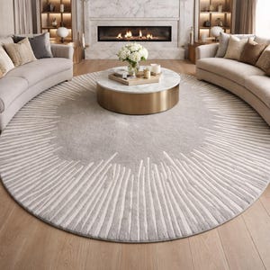 Hand Tufted Wool Area Rug – Soft Round Beige Neutral Rug, Modern Sunburst Design Carpet, plus Living Room Home Decor, Custom Size Rugs image 4