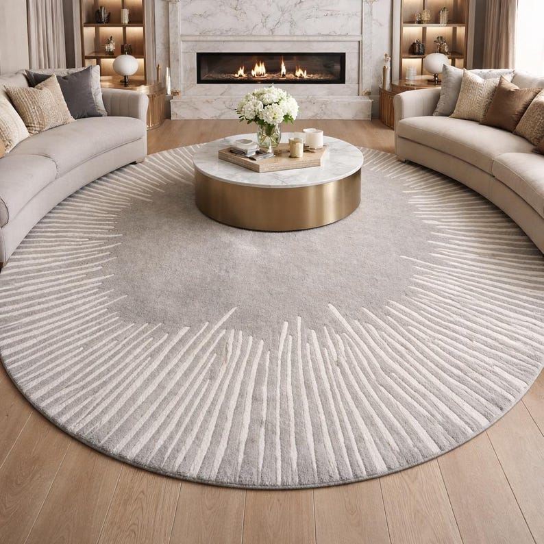 Hand Tufted Wool Area Rug – Soft Round Beige Neutral Rug, Modern Sunburst Design Carpet, plus Living Room Home Decor, Custom Size Rugs image 4