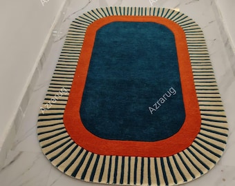 Modern Geometric Hand-Tufted Rug – Teal Blue and Burnt Orange Retro Carpet for Living Room
