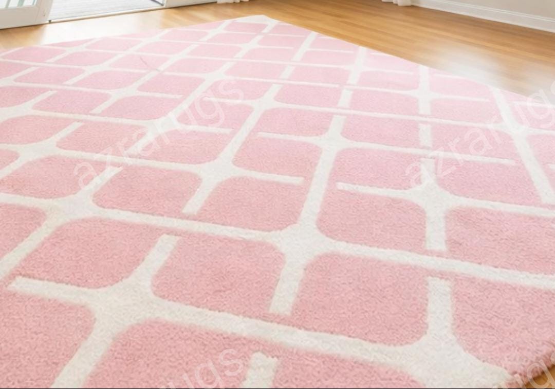 Pink Hand Tufted Area Rug, Modern Geometric Wool Carpet, Soft Pastel ...