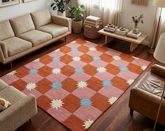 Handgetuft dambordtapijt, roze en roestbruin wollen vloerkleed, Deens tapijt met pastelkleurige sterren, modern retro tapijt, kinderkamertapijt, vloerkleed op aangepast formaat