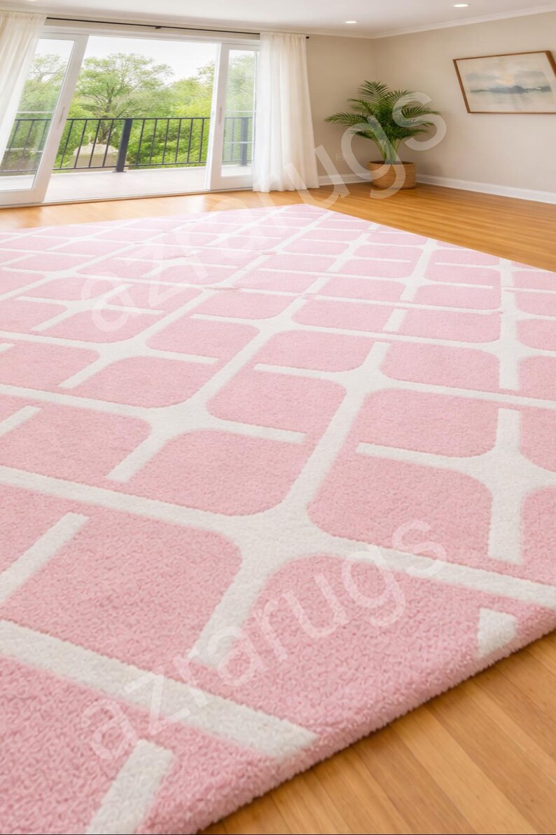 Pink Hand Tufted Area Rug, Modern Geometric Wool Carpet, Soft Pastel ...