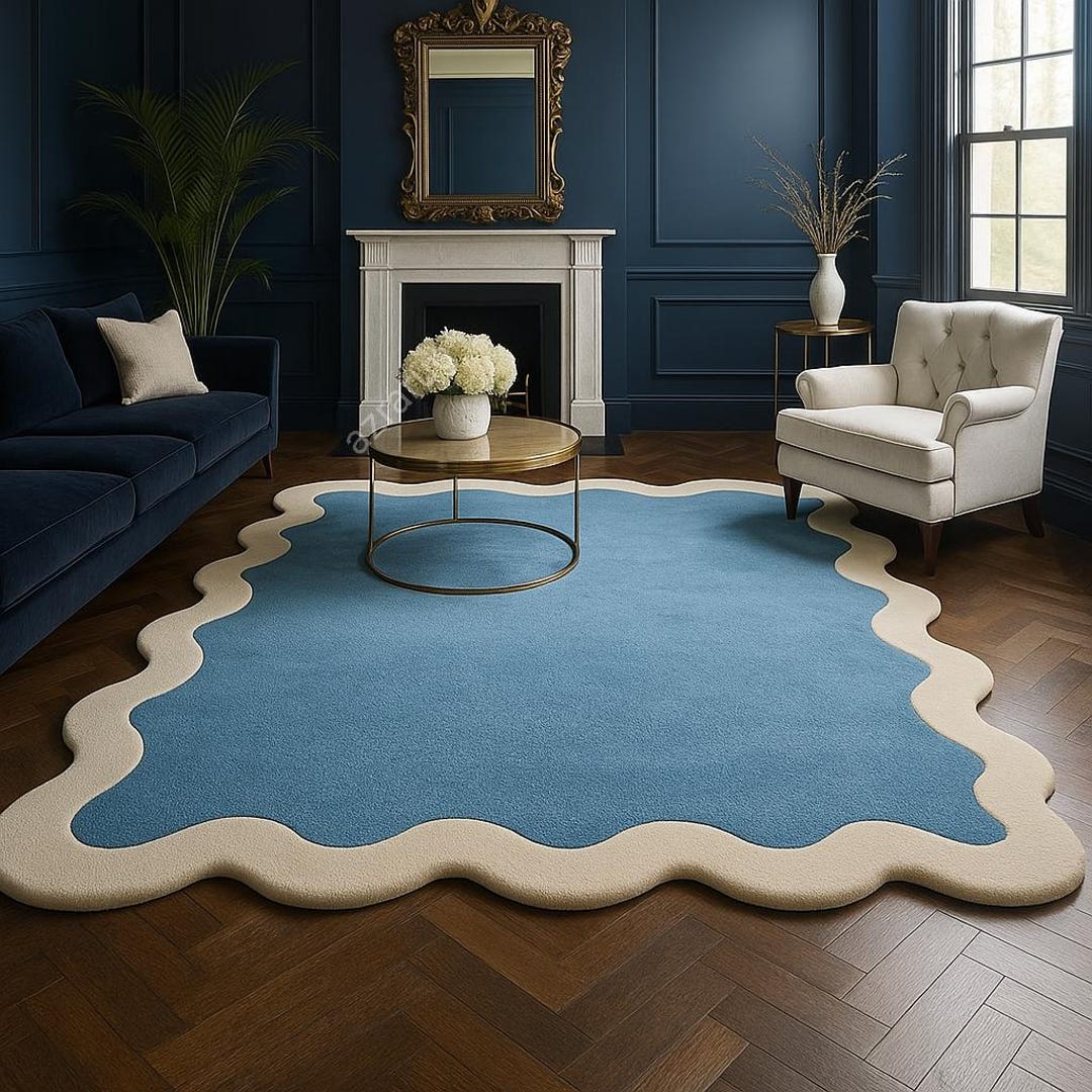 Hand-tufted New Zealand Wool Rug – Blue Ivory Wave Design - Etsy