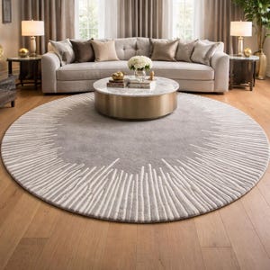 Hand Tufted Wool Area Rug – Soft Round Beige Neutral Rug, Modern Sunburst Design Carpet, plus Living Room Home Decor, Custom Size Rugs image 5