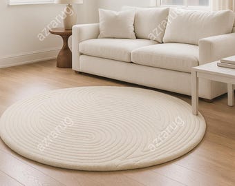 Hand Tufted Ivory Wool Area Rug, Round Minimalist Carpet, Custom Size & Custom Colour Rug, Modern Living Room Home Decor Rug