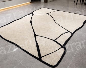 Modern Abstract Hand Tufted Rug, Ivory & Black Geometric Area Rug,Luxury Wool Rugs