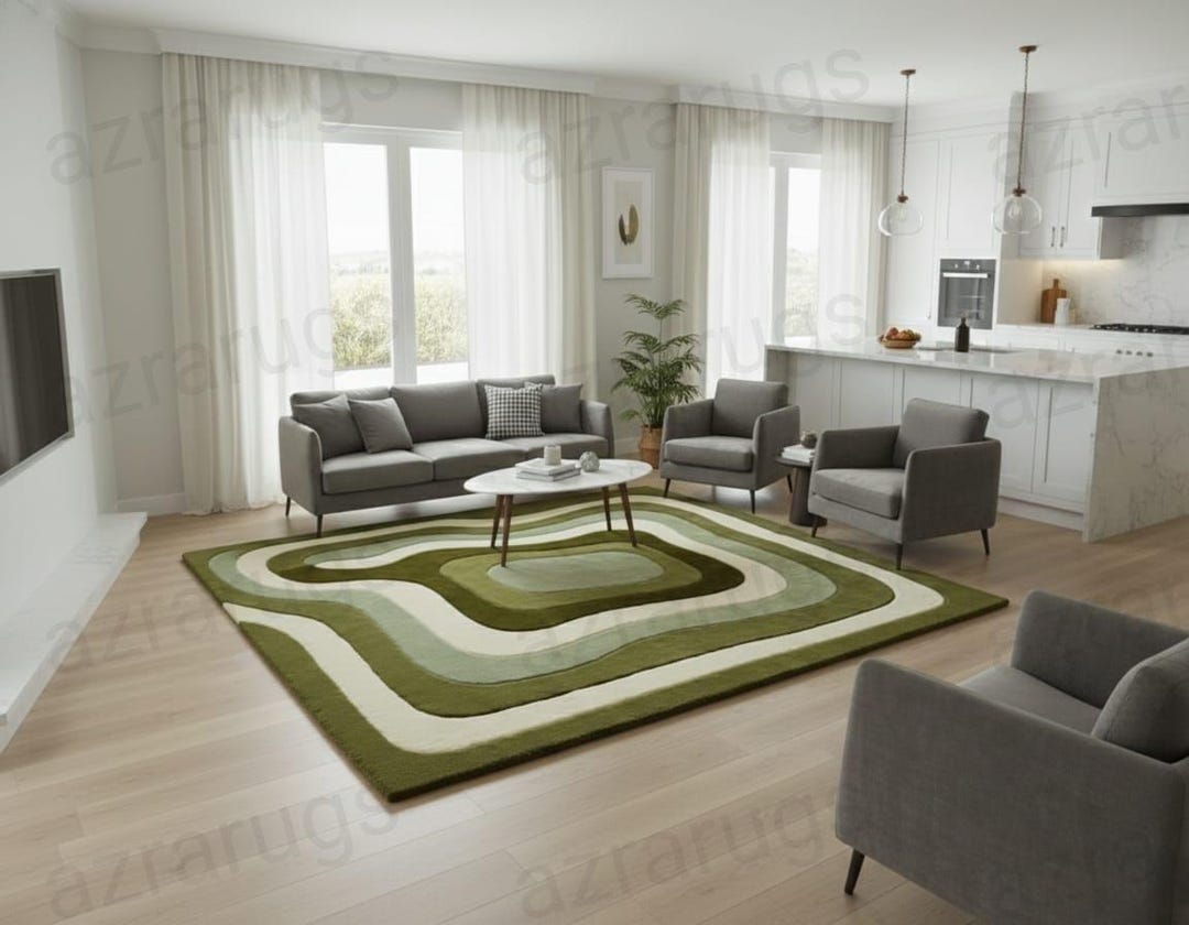Olive Green Abstract Hand Tufted Rug – Modern Layered Wool Rug, Sage ...