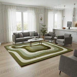 Olive Green Abstract Hand Tufted Rug – Modern  Layered Wool Rug, Sage Cream Designer Carpet,