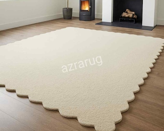 Hand Tufted Cream Rug, Scalloped Edge Area Rug, Organic Shape Rug, Neutral Wool Rug, Modern Minimalist Living Room Carpet, Custom Size Rug