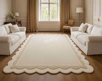Hand-Tufted Wool Rug | Cream Beige Scalloped Edge, Modern Farmhouse