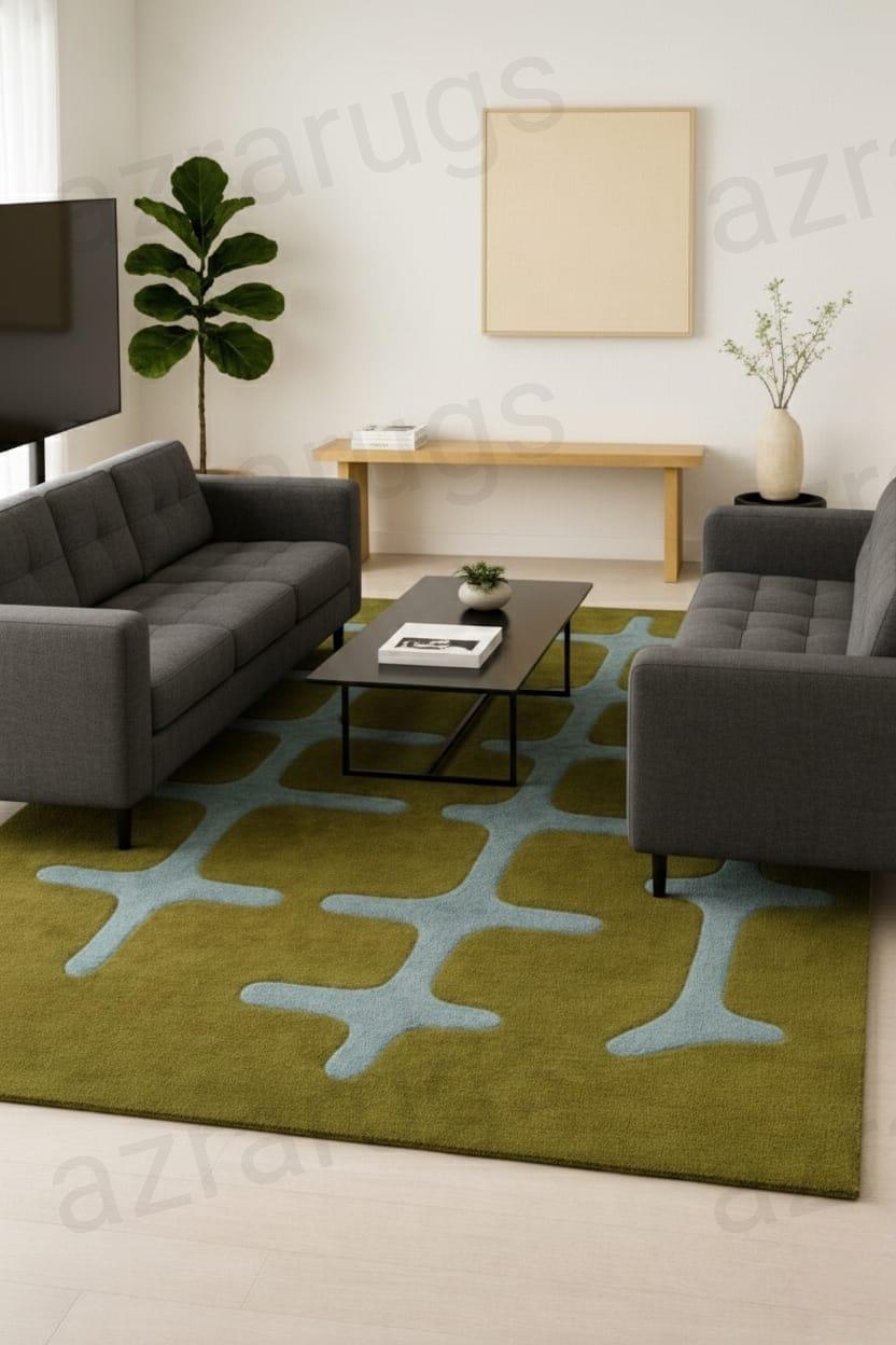 Olive Green Abstract Hand Tufted Rug – Modern Organic Shape Wool Rug ...