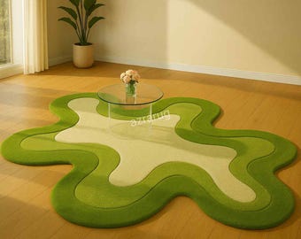Hand Tufted Wool Rug, Irregular Green Wavy Area Rug, Modern Abstract Carpet