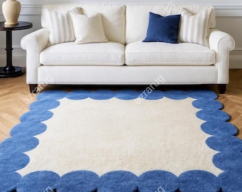 Elegant Blue & Cream Scalloped Hand-Tufted Rug – Modern Luxury Living Room Carpet Design