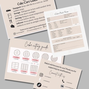 May include: A set of four beige printed cards for a bakery business, including a Cake Care Guide, a Cake Order Form, a Cake Cutting Guide with serving sizes in inches, and a contact card with social media icons and placeholders for business details.