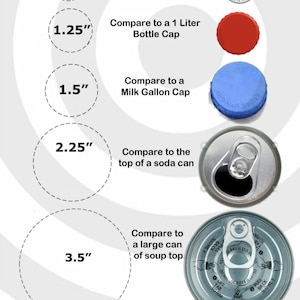 Puede incluir: Imagen que compara tama&ntilde;os utilizando una moneda de veinticinco centavos, una tapa de botella, una tapa de gal&oacute;n de leche, la parte superior de una lata de refresco y la parte superior de una lata de sopa. Las medidas son 2,5 cm, 3,2 cm, 3,8 cm, 5,7 cm y 8,9 cm.