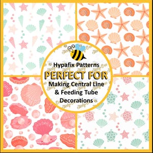 May include: Four square patterns with a sea life theme. The patterns include seashells, starfish, and bubbles in shades of pink, orange, and teal on a white background. The image also includes text that says "Hypafix Patterns PERFECT FOR Making Central Line & Feeding Tube Decorations".