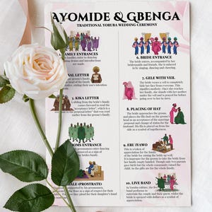 Könnte beinhalten: Ein Hochzeitsprogramm mit dem Titel "Ayomide & Gbenga" mit einer weißen Rose und grünen Blättern. Das Programm beschreibt eine traditionelle Yoruba-Hochzeitszeremonie, einschließlich Familieneingängen, Brauteinzug und Platzierung des Hutes.