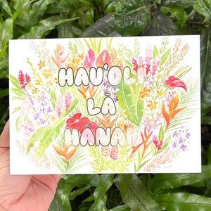 Hau'oli Lā Hānau - Carte de voeux d'anniversaire à Hawaï *Carte PREMIUM plastifiée au toucher doux avec feuille d'or*