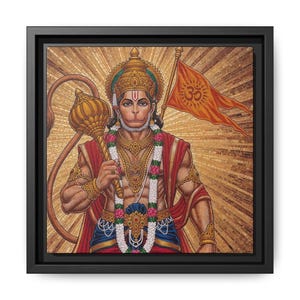 May include: Square framed artwork featuring a detailed illustration of Hanuman, a Hindu deity. He is depicted with a golden mace, holding a flag with the Om symbol. The artwork has a mosaic-like background with warm tones.