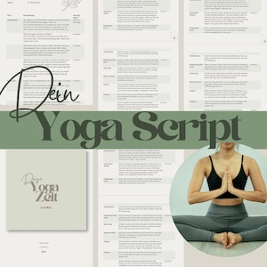 May include: A yoga script with the text "Dein Yoga Script" and "Herbstblues Yoga". The image includes a woman in a yoga pose, wearing a black sports bra and gray leggings. The script pages are light beige.