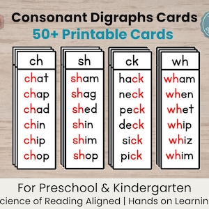 Peut inclure: Un ensemble de cartes imprimables sur les digraphes consonantiques avec le texte Consonant Digraphs Cards 50+ Printable Cards. Les cartes présentent les combinaisons ch, sh, ck et wh avec des listes de mots en noir et rouge.
