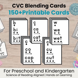 May include: A collection of CVC blending cards for preschool and kindergarten. The cards are white with black text, featuring words like "bit," "cat," and "wet." The image includes dice, an abacus, and the text "150+ Printable Cards."