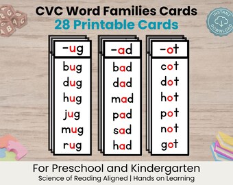 CVC Word Family Cards: Short Vowels, Science of Reading Phonics Resource, Preschool and Kindergarten Literacy (Printable Download)