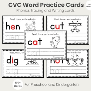 May include: CVC word practice cards for preschool and kindergarten. Each card features a CVC word like "hen", "cut", "cat", "dig", and "not". Includes tracing and writing practice, with illustrations for coloring. The cards are an instant download.