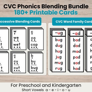 Könnte beinhalten: CVC Phonics Blending Bundle mit über 180 druckbaren Karten für Vorschule und Kindergarten. Enthält Successive Blending Cards und CVC Word Family Cards mit kurzen Vokalen a, e, i, o, u. Die Karten zeigen schwarzen Text auf weißem Grund.