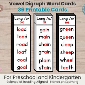 May include: A set of 36 printable vowel digraph word cards for preschool and kindergarten. The cards feature columns for long o, long a, and long e sounds with words like load, gain, and green. The text includes Vowel Digraph Word Cards.